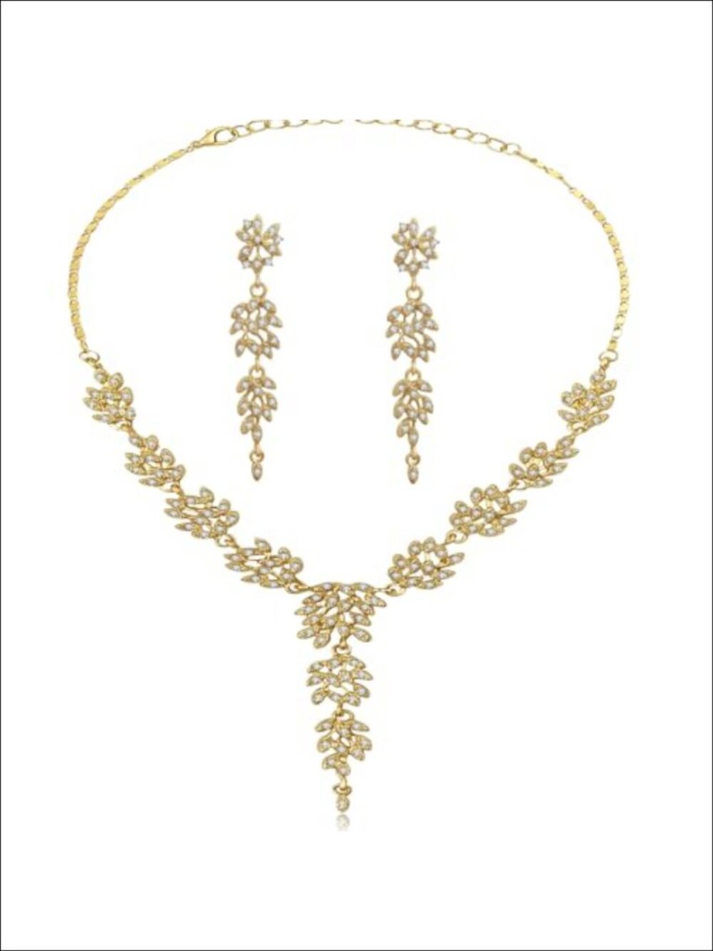 Gold Plated Rhinestone Leaf Necklace Earring Jewelry Set Wedding Prom